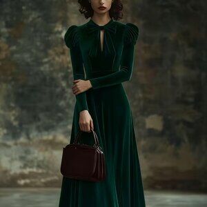 Women's Square Sugar Bow Tie Long Sleeve Bubble Long Dress, Velvet Fabric